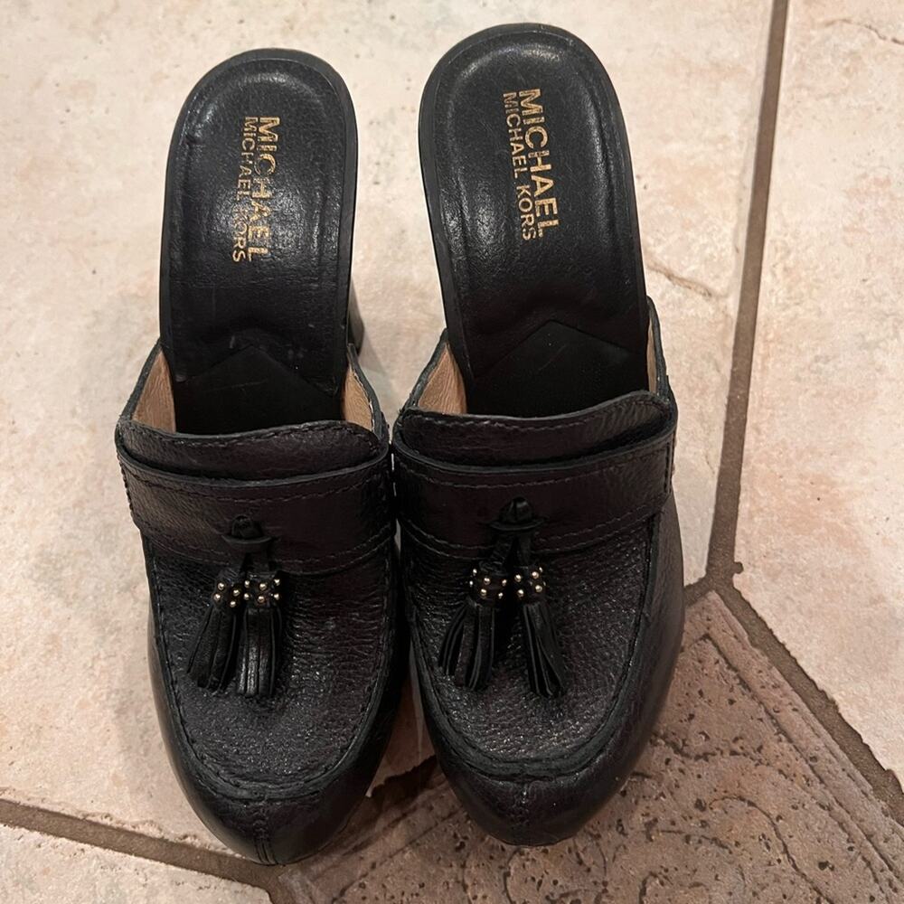 Michael Kors black leather heeled slip on mules size 7